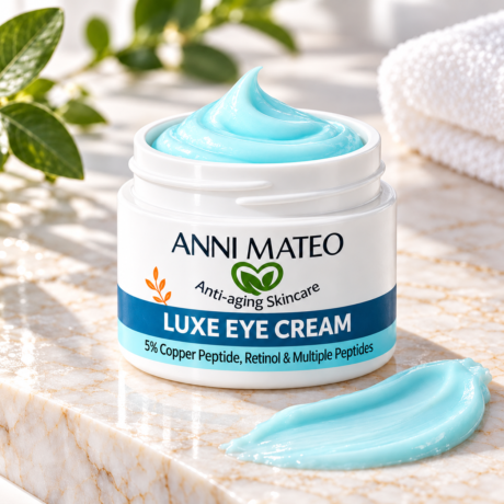 luxe eye cream with copper peptide peptides and retinol in spa setting and cream splash for texture