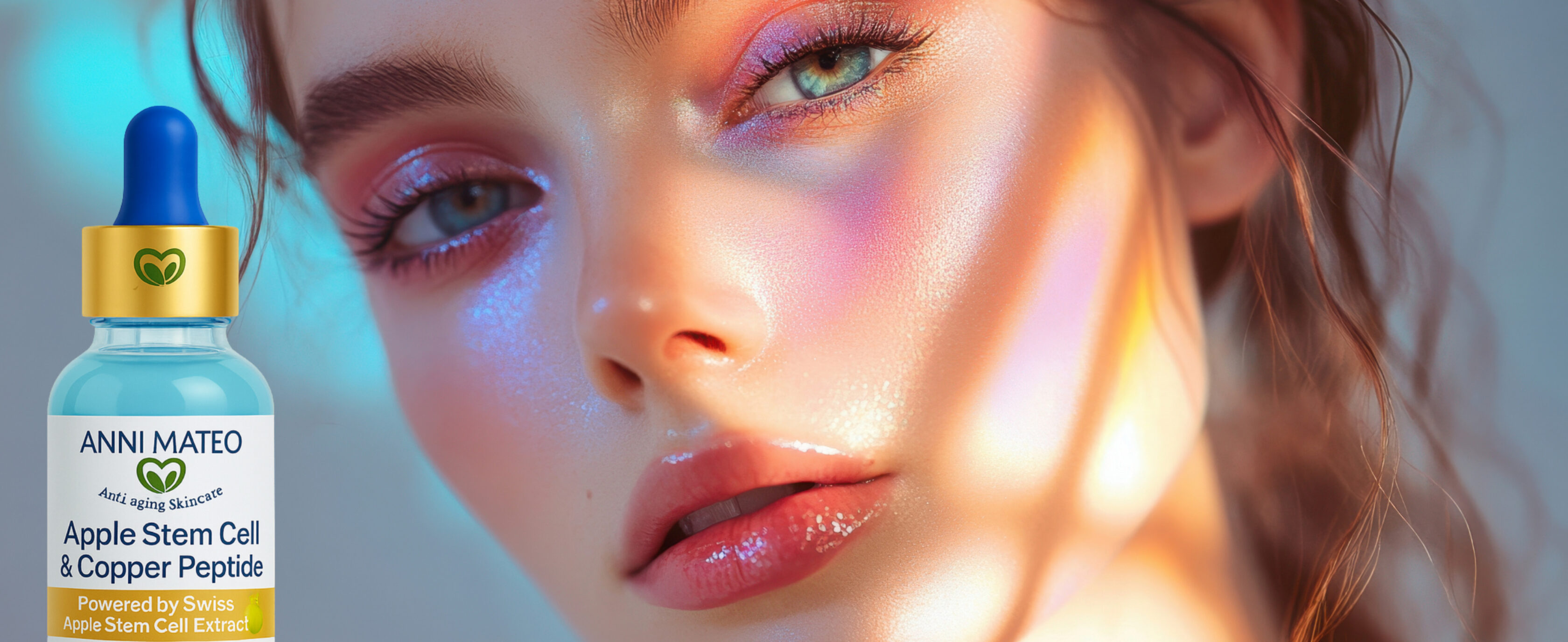 Model with Anni Mateo Youth Elixir Serum featuring Swiss apple stem cell extract and triple copper peptide
