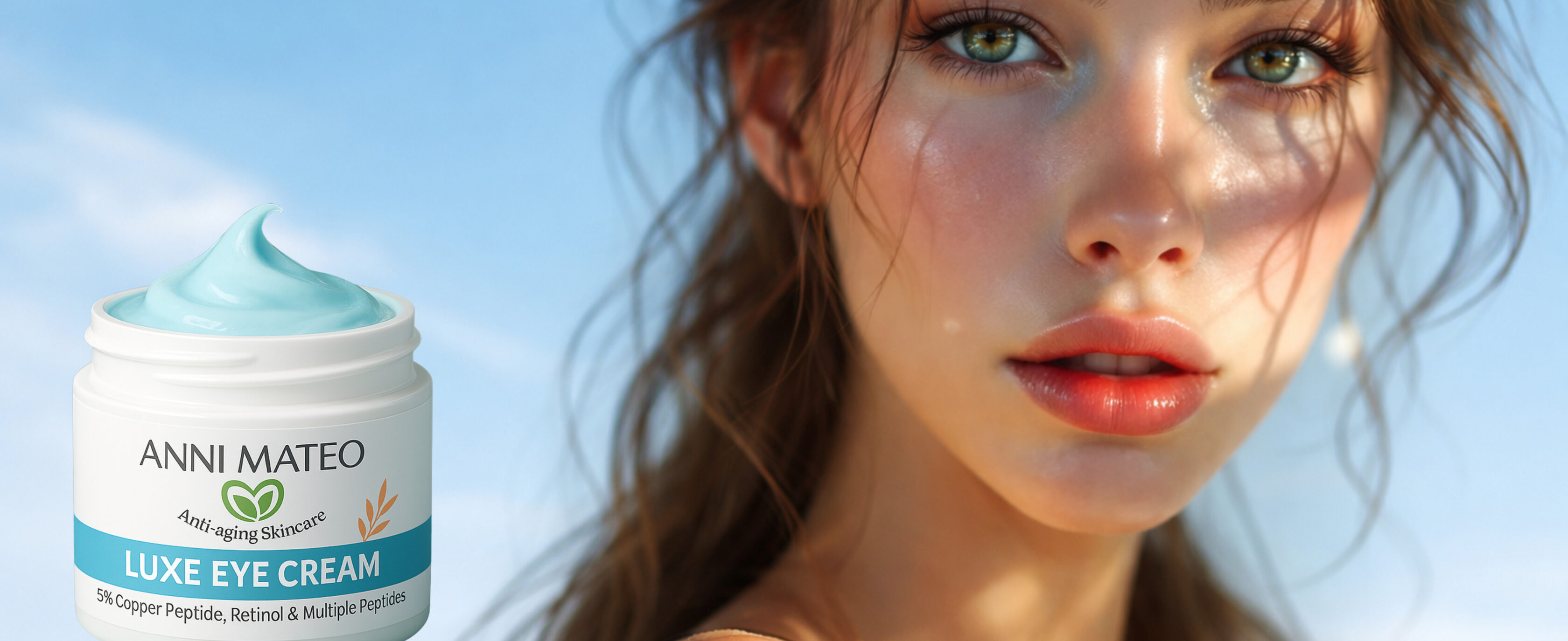 luxe eye cream in the foreground of beautiful gazing woman with clear sky background