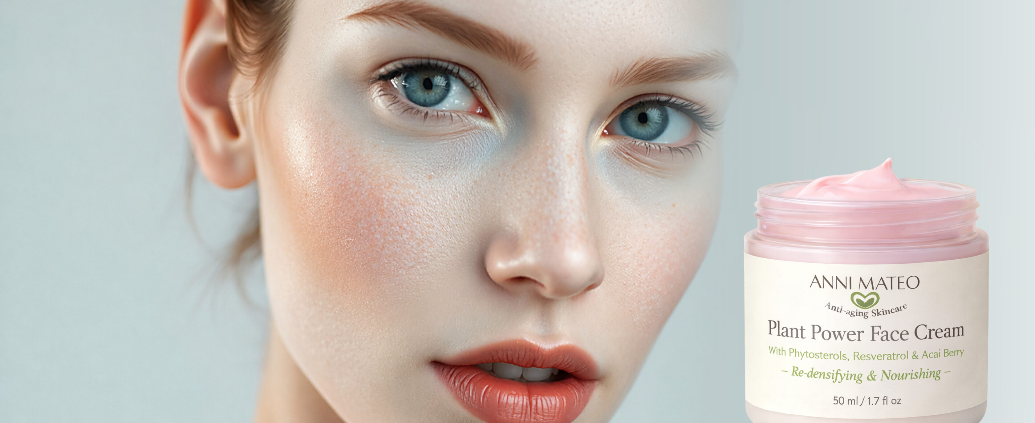 Model with clear skin posing with Anni Mateo Plant Power Cream