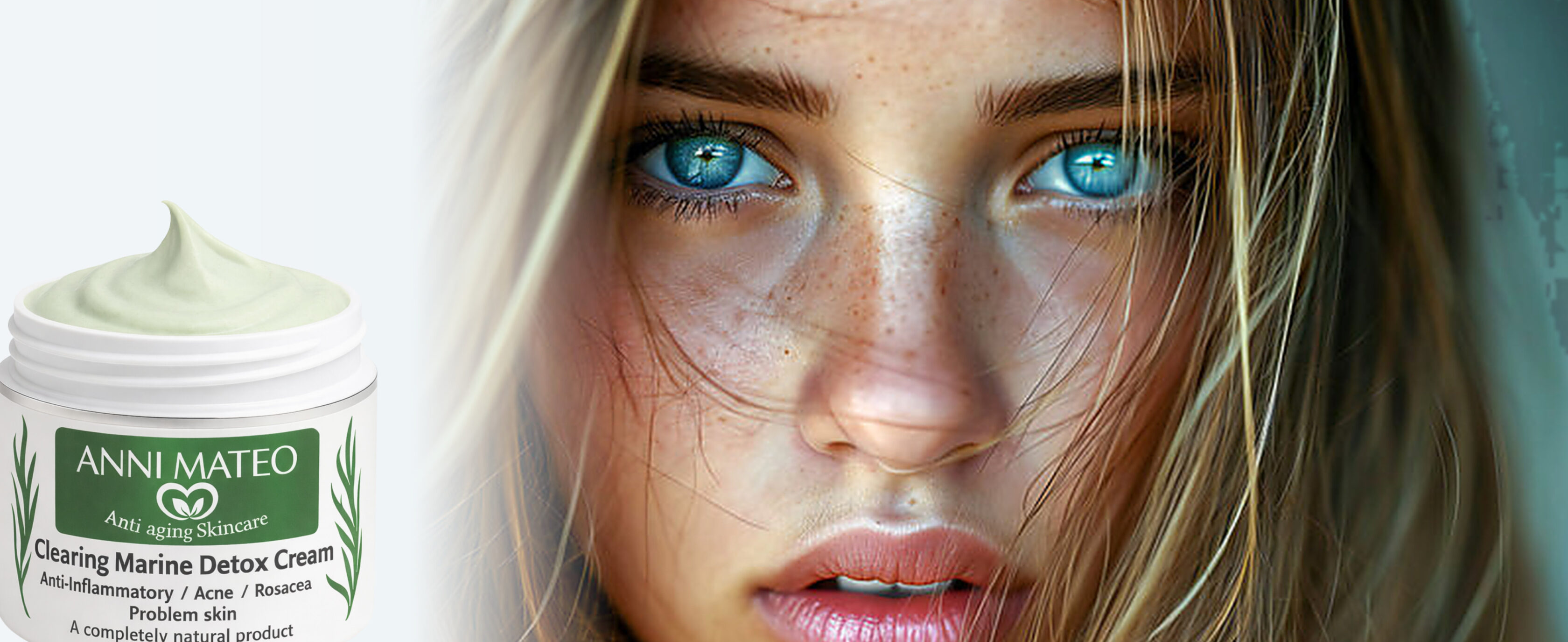 Stunning beauty with icy eyes posing with clearing marine detox cream